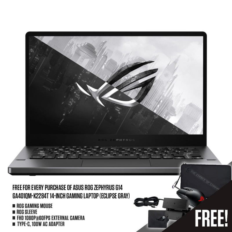 ASUS ROG ZEPHYRUS G14 GA401QM-K2284T GAMING LAPTOP | 14" WQHD | RYZEN™ 9 | 8GB DDR4 | 512GB SSD | RTX 3060 | WIN10 + ROG SLEEVE + ROG GAMING MOUSE - DataBlitz