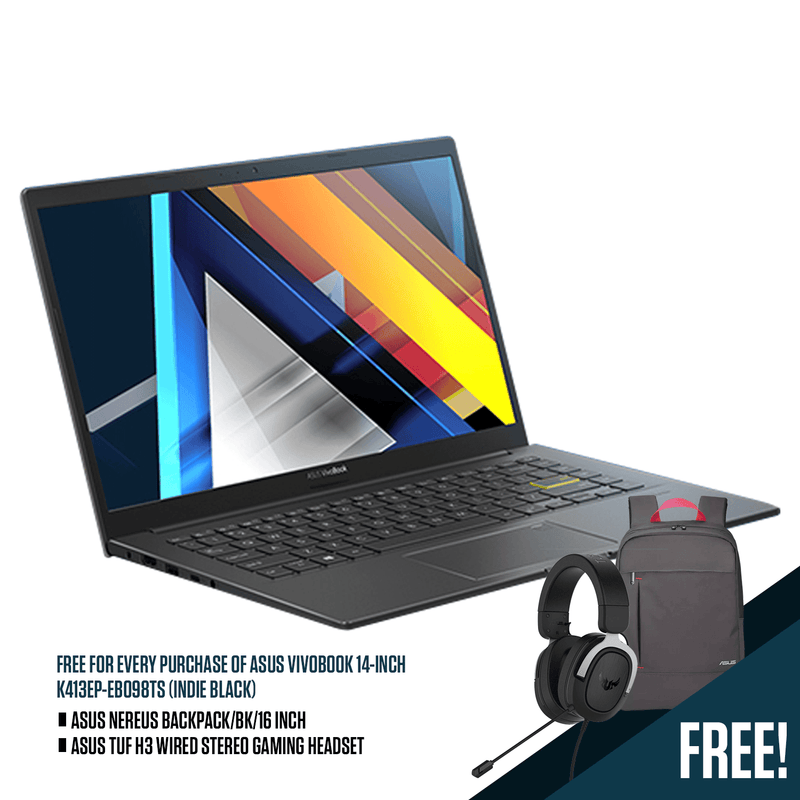 ASUS VIVOBOOK K413EP-EB098TS 14" LAPTOP (INDIE BLACK) + ASUS NEREUS BACKPACK/BK/16 INCH + ASUS TUF H3 WIRED STEREO GAMING HEADSET - DataBlitz