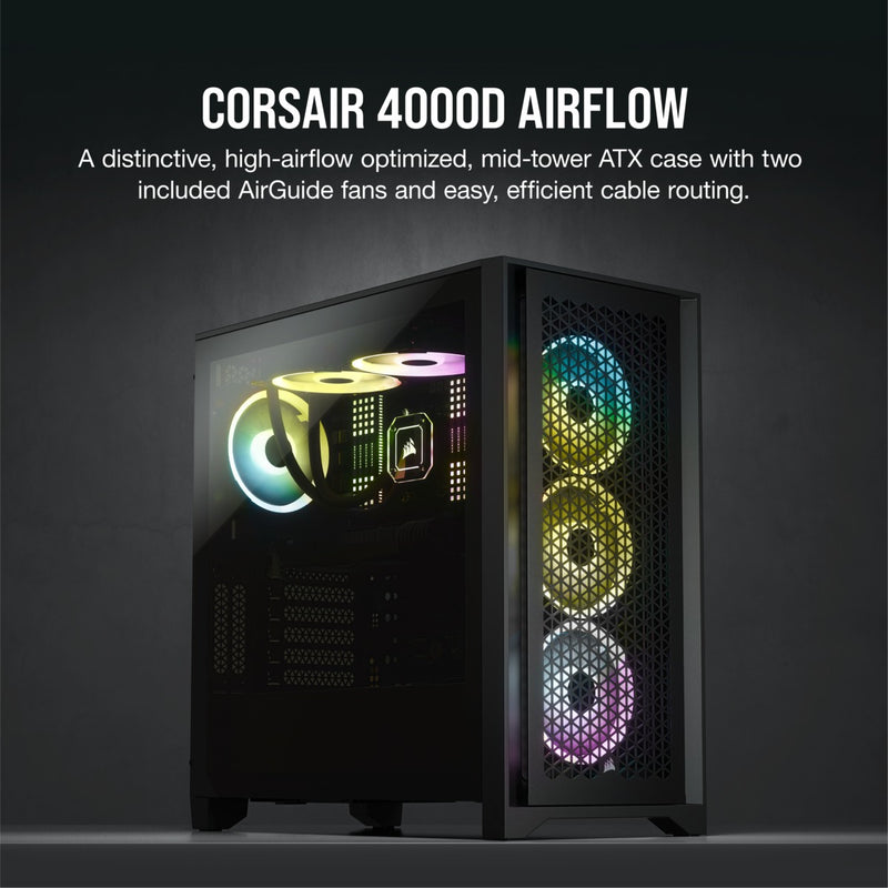Corsair 4000D Airflow Mid-tower ATX-behuizing – Gehard Glas, Hoog Luchtstroom Voorpaneel, RapidRoute-kabelbeheer – Inclusief 2x 120 Mm Fans