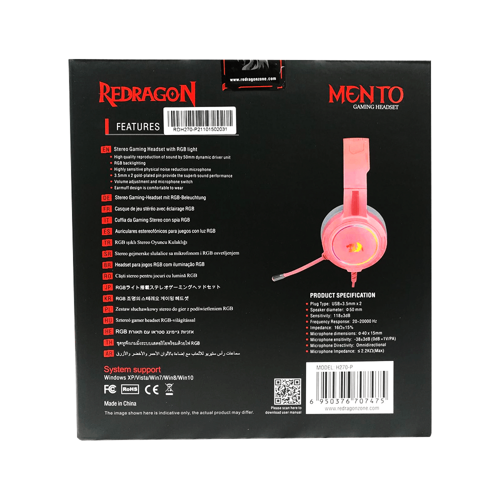 Redragon Mento RGB Stereo Wired Gaming Headset (Pink) (H270-P)