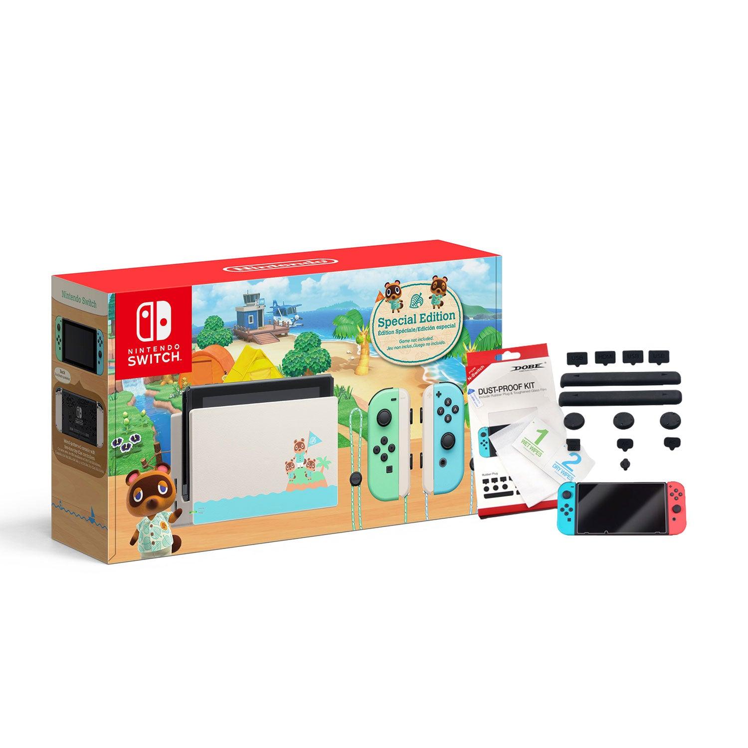 Nintendo Switch Console Animal Crossing New Horizons SE + NSW Dobe Dust-Proof Kit Include Rubber Plug & Toughened Glass Film (TNS-862) Bundle - DataBlitz