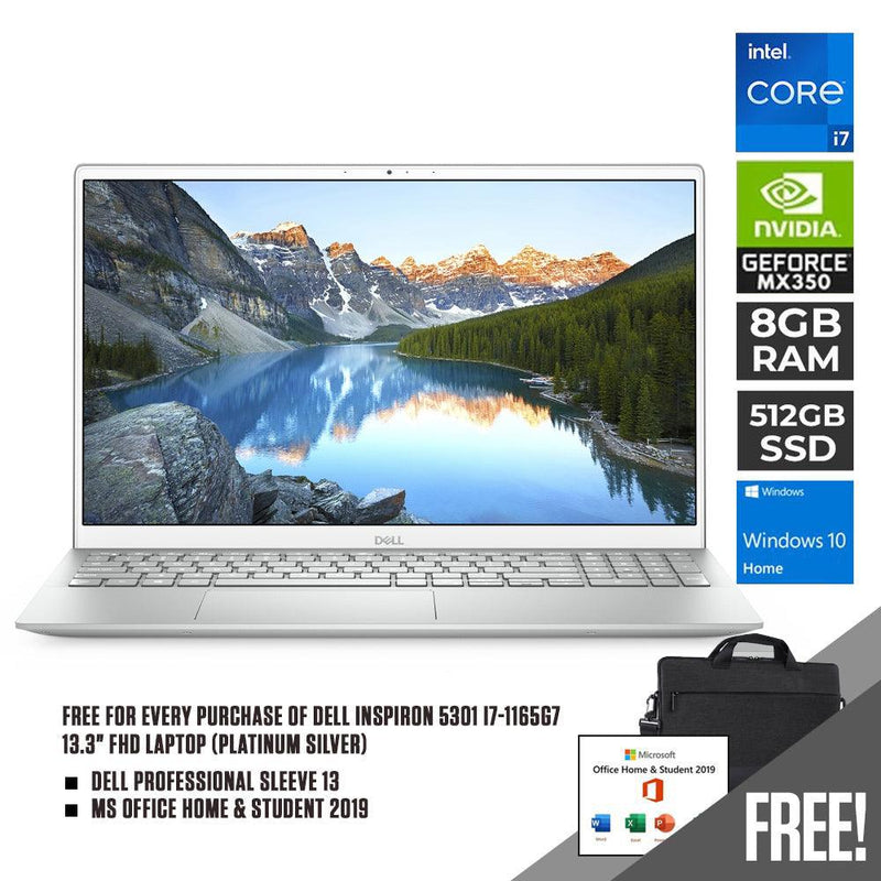 DELL INSPIRON 5301 I7-1165G7 LAPTOP (PLATINUM SILVER) | 13.3" FHD | i7-1165G7 | 8GB DDR4 | 512GB SSD | MX350 | WIN10 + MS OFFICE HOME & STUDENT 2019 + DELL PROFESSIONAL SLEEVE 13 - DataBlitz