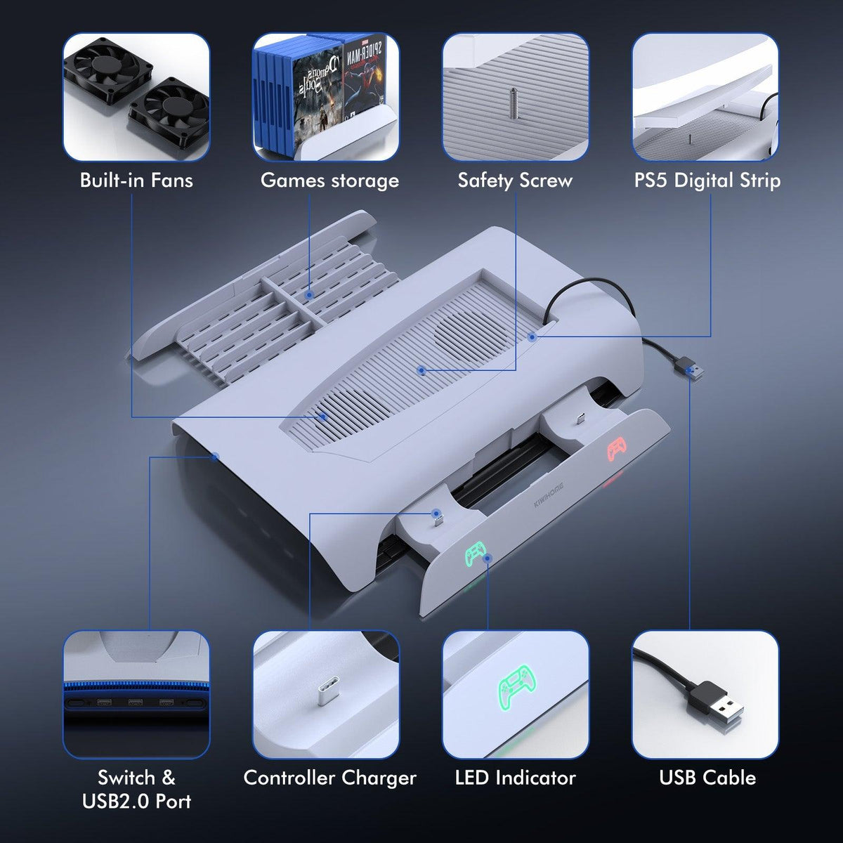 Kiwihome RGB Cooling Stand With Dual Controller Charger For PS5 (PB01/WHITE/HJT-422) - DataBlitz