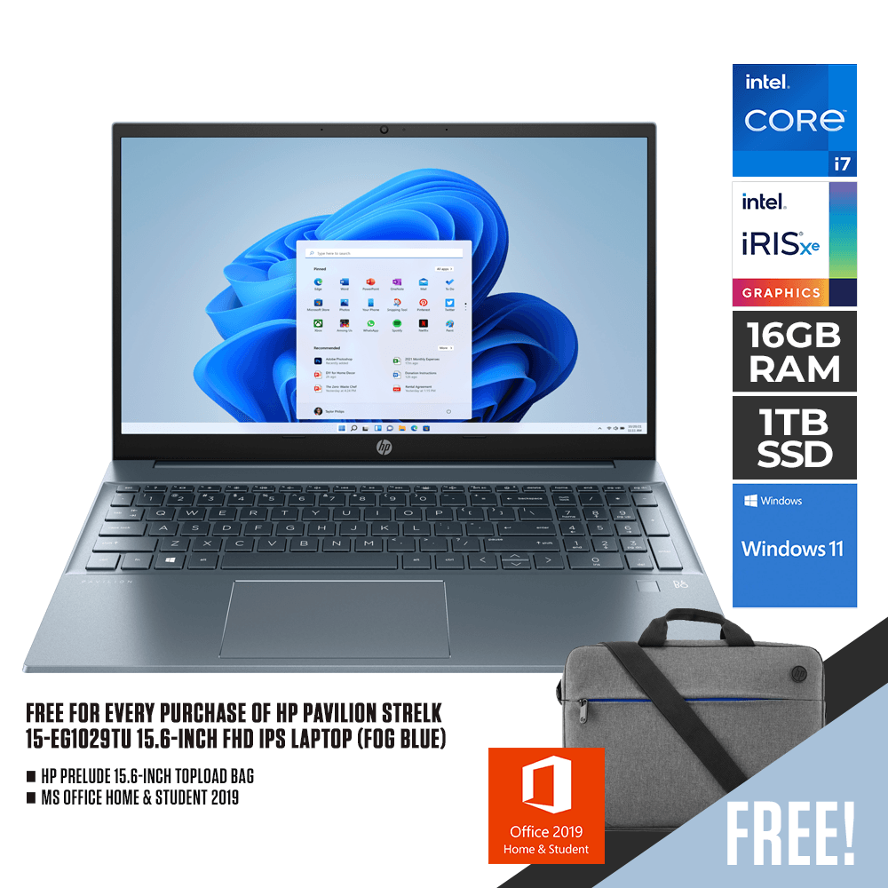 HP PAVILION STRELKA 15-EG1029TU LAPTOP (FOG BLUE) | 15.6" FHD | i7-1195G7 | 16GB DDR4 | 1TB SSD | IRIS® XE GRAPHICS | WIN11 + MS OFFICE HOME & STUDENT HP PRELUDE TOPLOAD BAG - DataBlitz