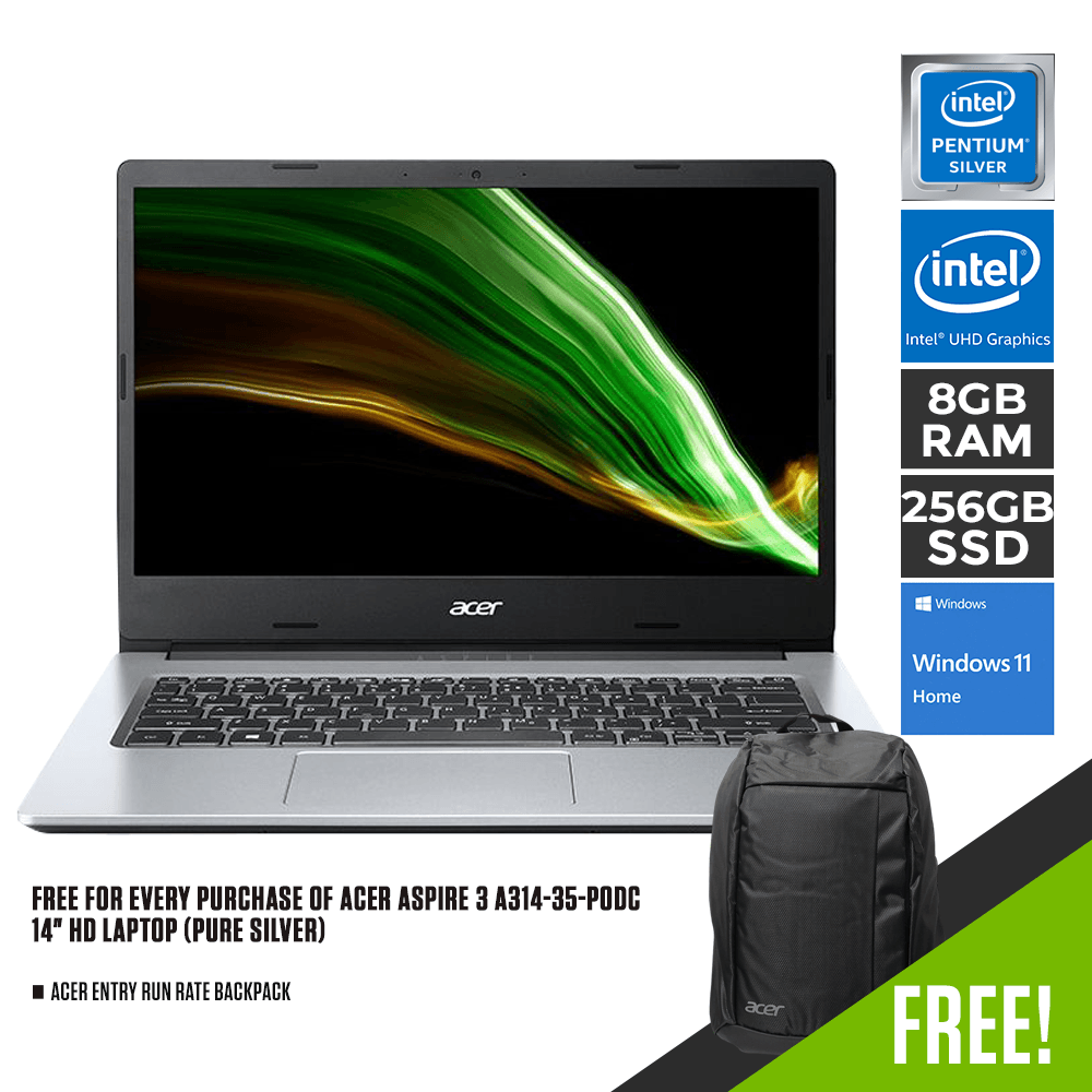 ACER ASPIRE 3 A314-35-P0DC Laptop (Pure Silver) | 14" HD | Pentium Silver N6000 | 8GB DDR4 | 256GB SSD | INTEL UHD | WIN11 + ACER Entry Run Rate Backpack - DataBlitz