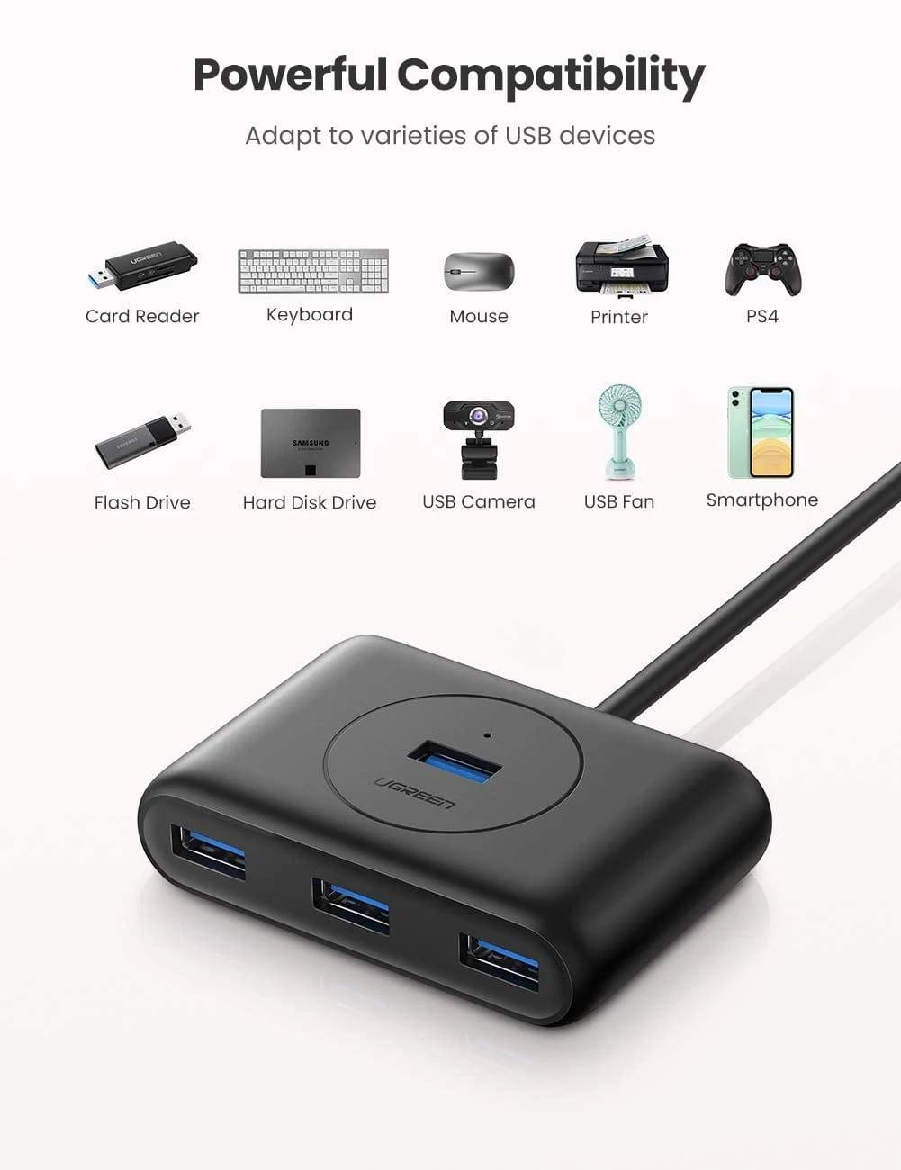 UGREEN USB 3.0 A WITH USB-C ADAPTER 4-PORTS HUB 1M (BLACK) (CR113/40850) - DataBlitz