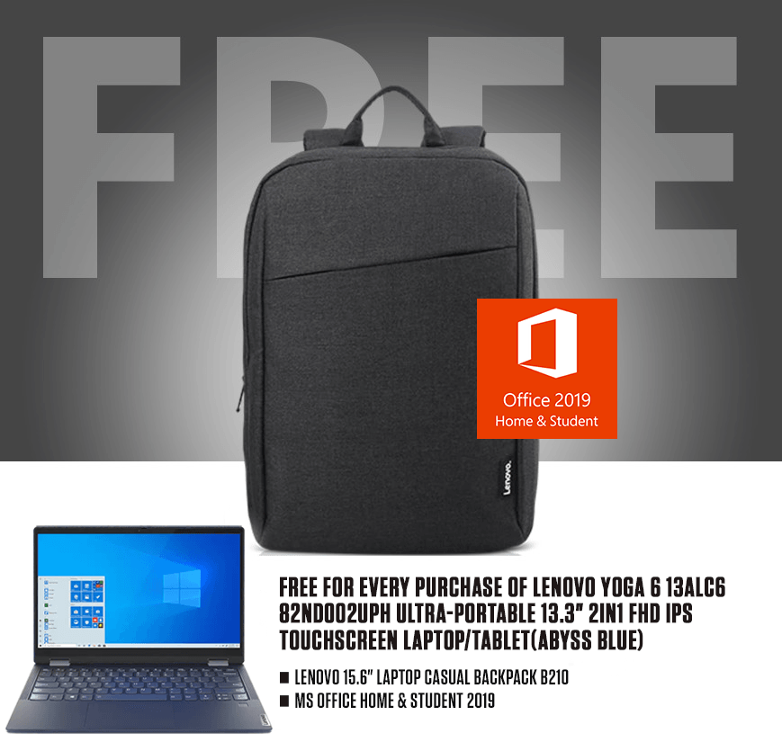 LENOVO YOGA 6 13ALC6 82ND002UPH ULTRA-PORTABLE TOUCHSCREEN LAPTOP/TABLET (ABYSS BLUE) | 13.3” FHD | 8GB DDR4 | 512GB SSD | AMD RADEON | WIN 10 + MS OFFICE HOME & STUDENT CASUAL BAG B210 - DataBlitz