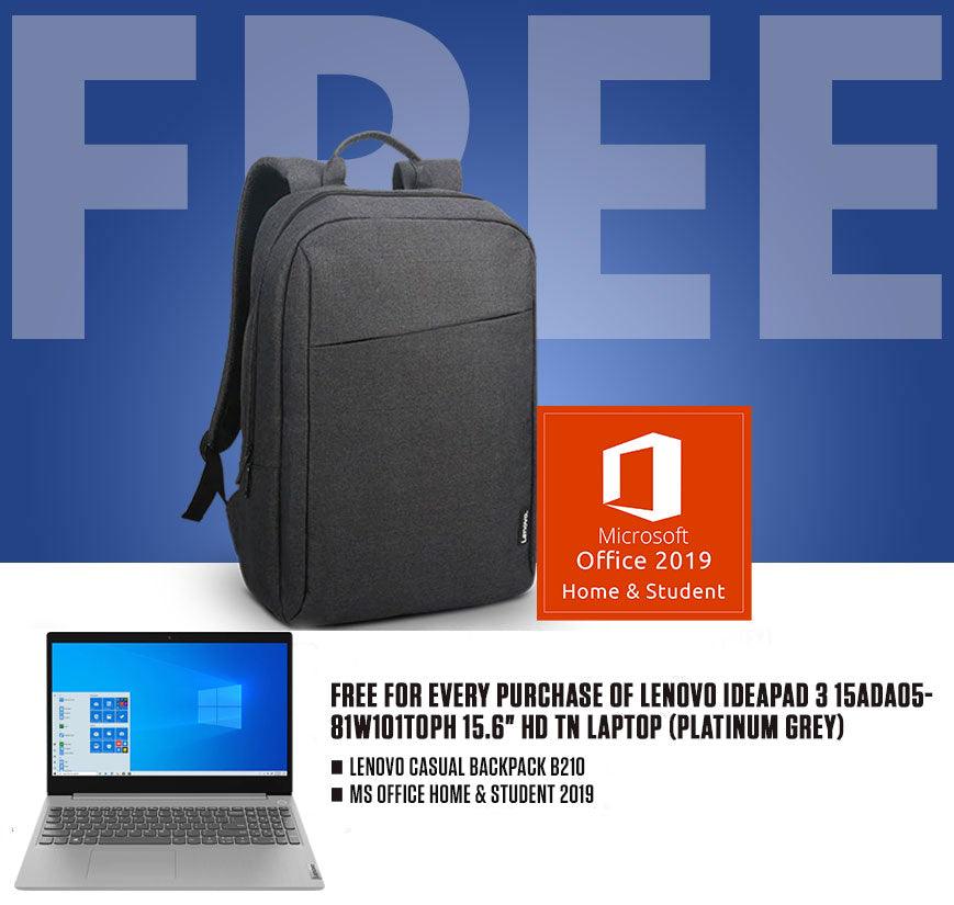LENOVO IDEAPAD 3 15ADA05-81W101T0PH TN LAPTOP (PLATINUM GREY) | 15.6" HD | RYZEN 5 3500U | 8GB DDR4 | 512GB SSD | AMD RADEON | WIN10 MS OFFICE HOME & STUDENT LENOVO CASUAL BACKPACK B210 - DataBlitz