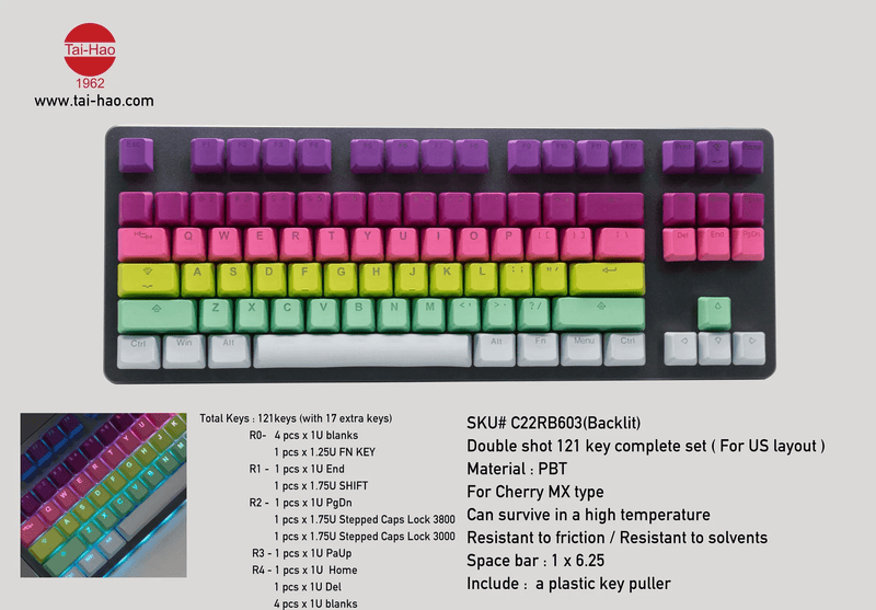 TAIHAO DOUBLE SHOT PBT BACKLIT KEYCAPS SET FOR CHERRY MX SWITCH (121-KEYS) (RAINBOW SHERBET) (C22RB603) - DataBlitz