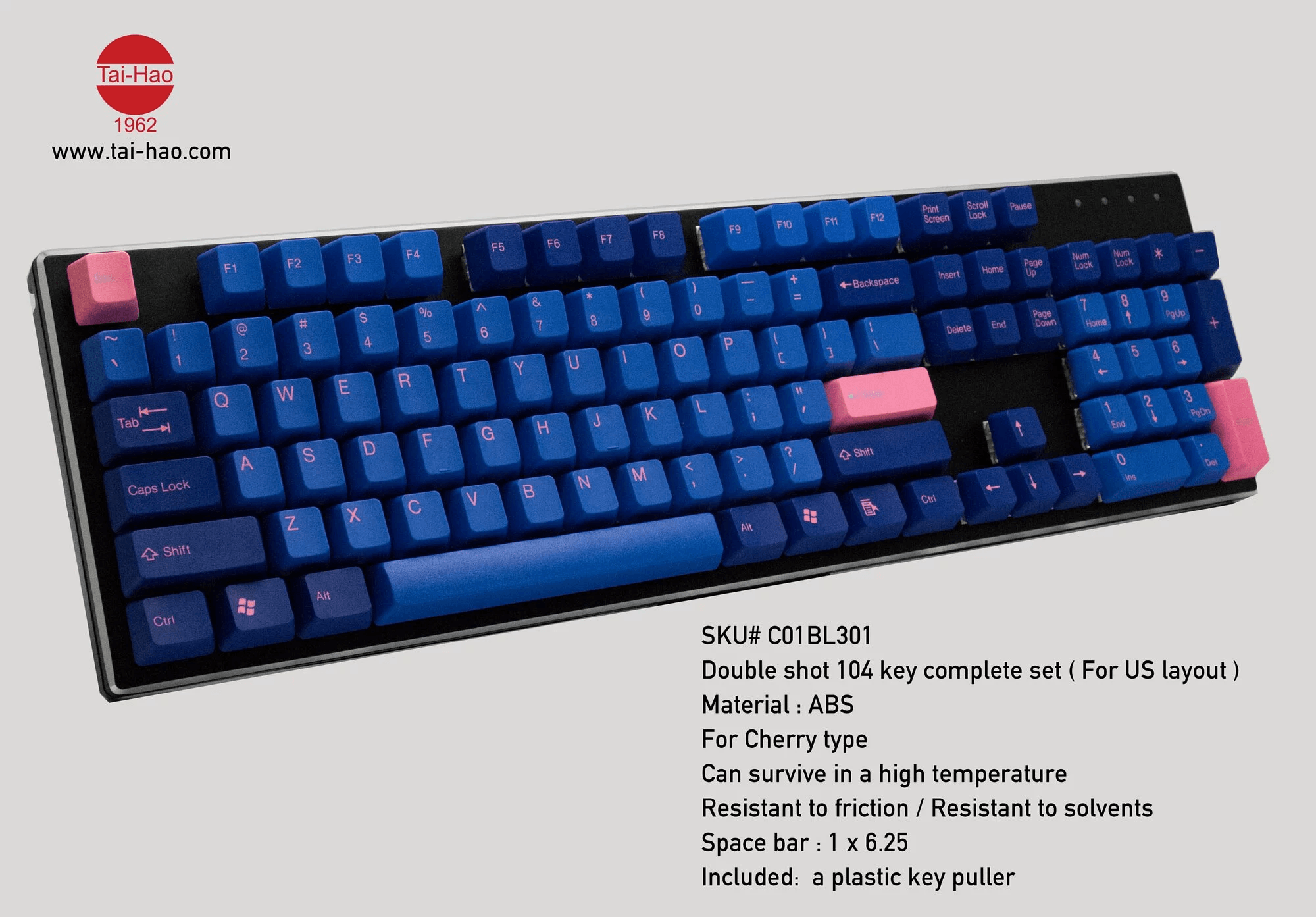 TAIHAO DOUBLE SHOT ABS KEYCAPS SET FOR CHERRY MX SWITCH (104-KEYS) (BLUE/PINK FONT) (C01BL301) - DataBlitz