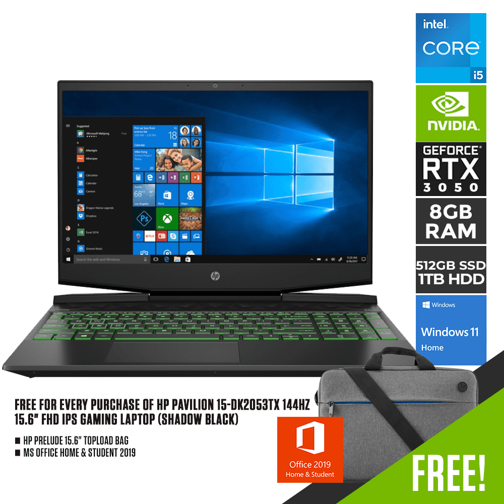 HP PAVILION 15-DK2053TX 144HZ GAMING LAPTOP (SHADOW BLACK) | 15.6" FHD | i5-11300H | 8GB DDR4 | 1TB SSD | RTX 3050 | WIN11 + MS OFFICE HOME & STUDENT HP PRELUDE OPLOAD BAG - DataBlitz
