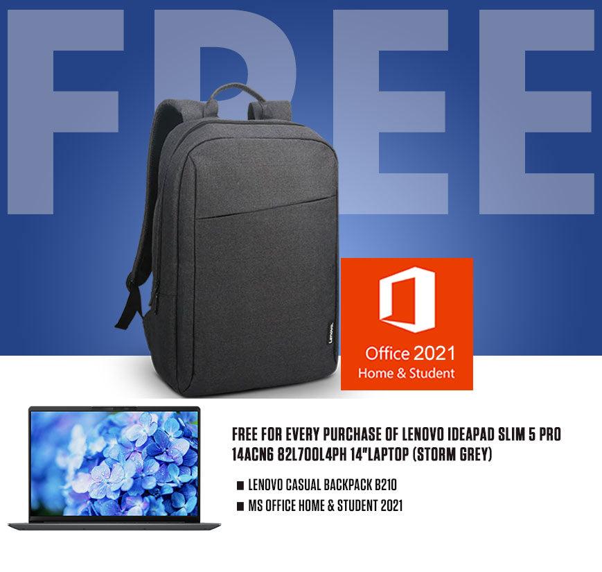 LENOVO IDEAPAD SLIM 5 PRO 14ACN6 82L700L4PH LAPTOP (STORM GREY) | 14" FHD | RYZEN 5 5600U | 16GB DDR4 | 512GB SSD | AMD RADEON | WIN11 + MS OFFICE HOME & STUDENT 2021 + LENOVO CASUAL BACKPACK B210 - DataBlitz