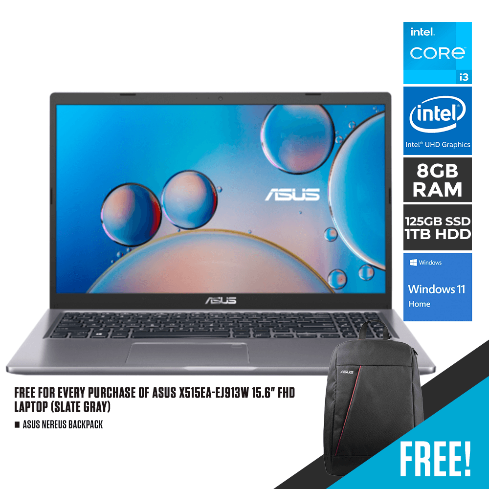 ASUS X515EA-EJ913W LAPTOP (SLATE GREY) | 15.6" FHD | i3-1115G4 | 8GB DDR4 | 128GB SSD | INTEL UHD | WIN11 + ASUS NEREUS BACKPACK (BLACK) - DataBlitz