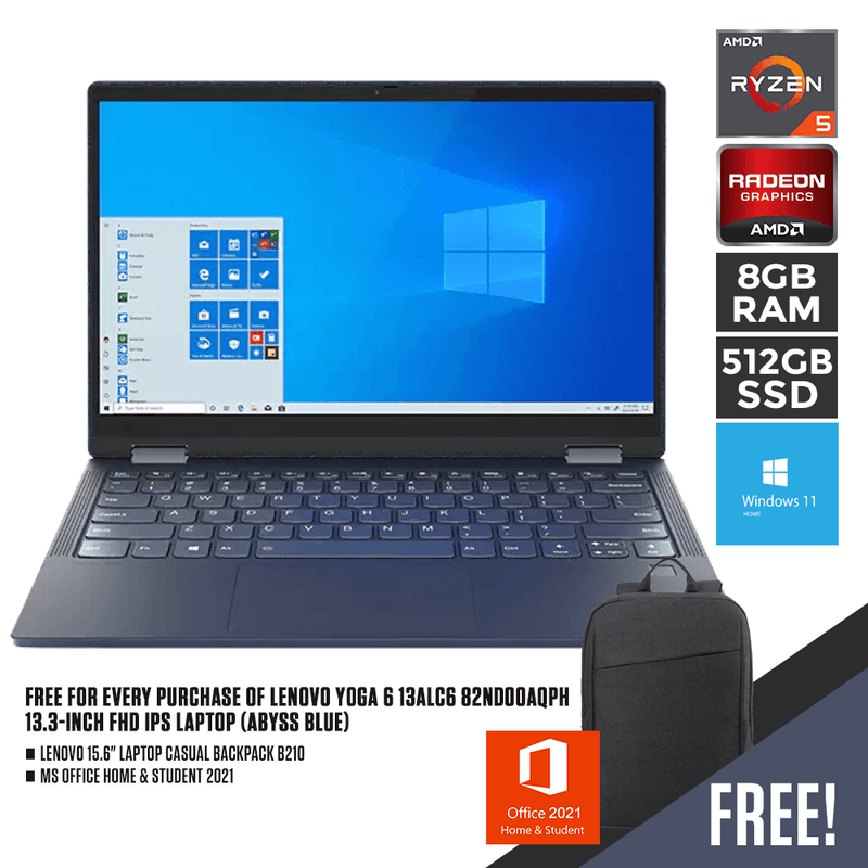 LENOVO YOGA 6 13ALC6 82ND00AQPH LAPTOP (ABYSS BLUE) | 13.3" FHD | RYZEN 5 5500U | 8GB DDR4 | 512GB SSD | AMD RADEON | WIN11 + MS OFFICE HOME & STUDENT 2021 + LENOVO CASUAL BACKPACK B210 - DataBlitz