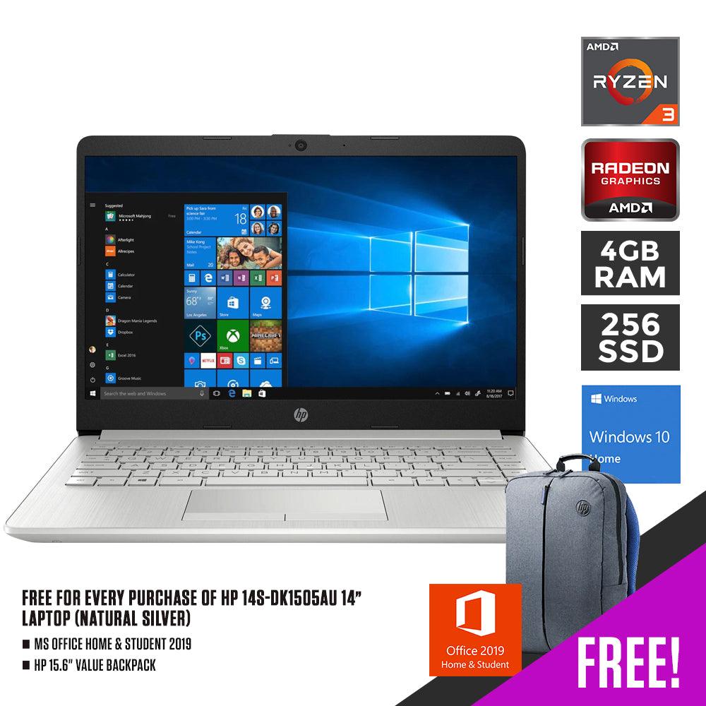 HP 14S-DK1505AU LAPTOP (NATURAL SILVER) | 14" FHD | RYZEN 3 3250U | 4GB DDR4 | 256GB SSD | WIN10 + MS OFFICE HOME & STUDENT HP VALUE BACKPACK - DataBlitz