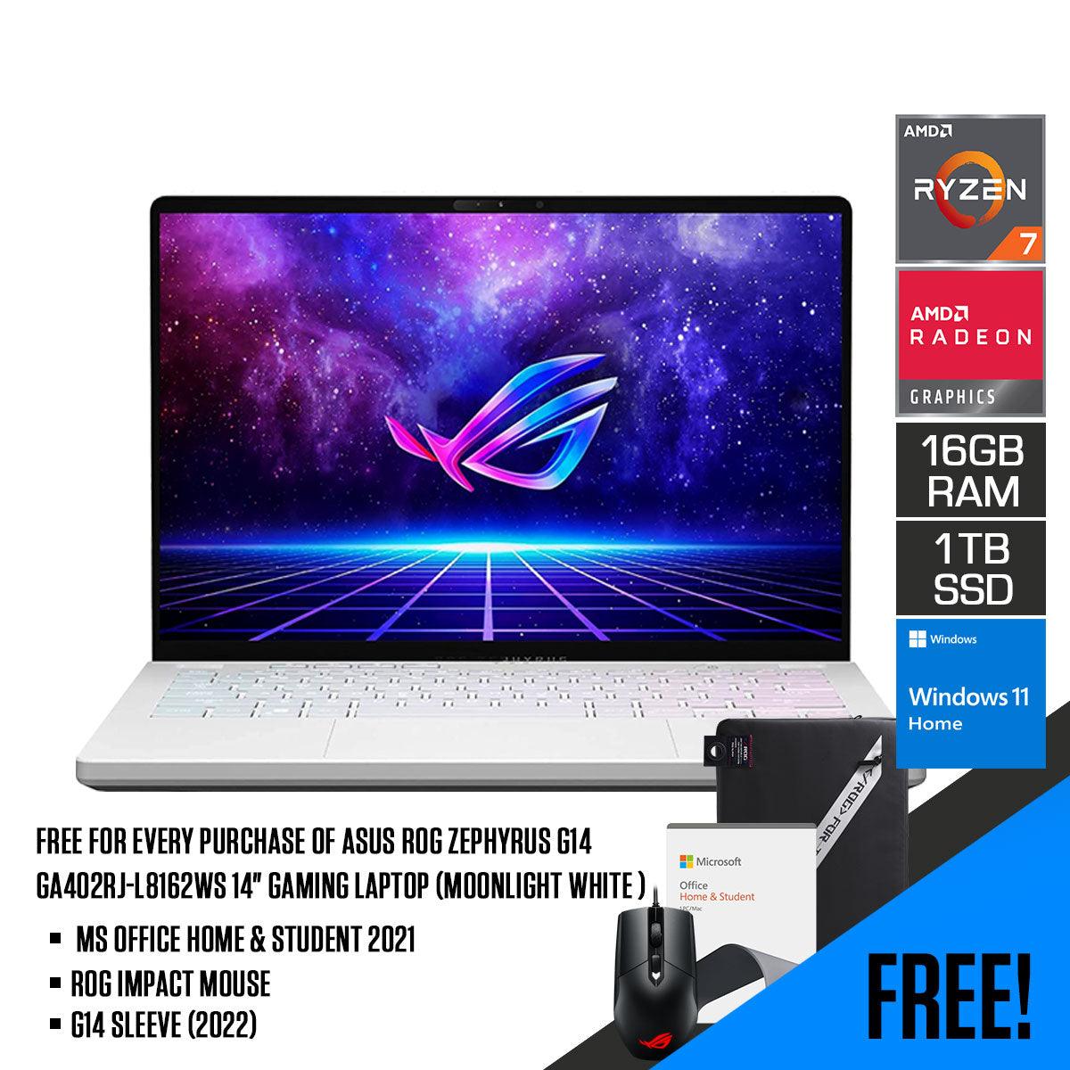 ASUS ROG Zephyrus G14 GA402RJ-L8162WS Gaming Laptop (Moonlight White Anime Matrix) | 14" QHD | Ryzen™ 7 6800HS | 16GB RAM | 1TB SSD | RX 6700S | Windows 11 Home | G14 Sleeve (2022) | ROG Impact Mouse - DataBlitz
