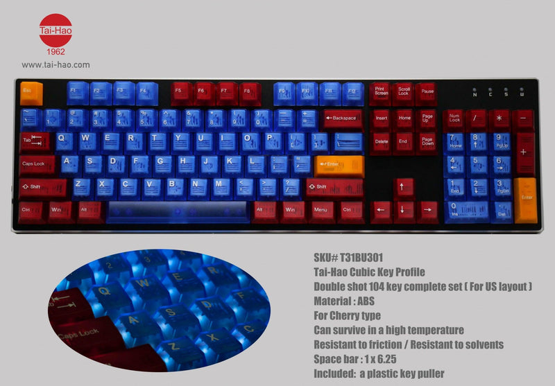 TAIHAO DOUBLE SHOT ABS-CUBIC BACKLIT KEYCAPS SET FOR CHERRY MX SWITCH (104-KEYS) (ORZ I - BLUE) (T31BU301) - DataBlitz