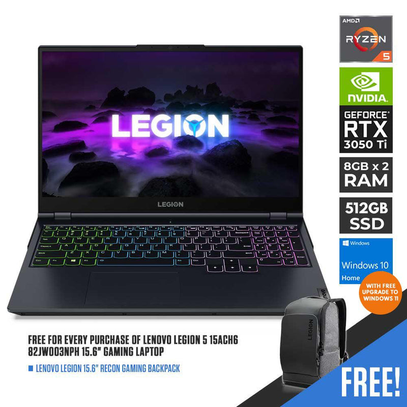 LENOVO LEGION 5 15ACH6 82JW003NPH GAMING LAPTOP (PHANTOM BLUE) | 15.6" FHD | RYZEN 5 5600H | 8GB DDR4 | 512GB SSD | RTX 3050 TI | WIN10 + LENOVO LEGION RECON GAMING BACKPACK - DataBlitz