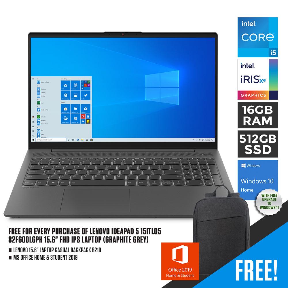 LENOVO IDEAPAD 5 15ITL05 82FG00LGPH LAPTOP (GRAPHITE GREY) | 15.6" FHD | i5-1135G7 | 16GB DDR4 | 512GB SSD | INTEL IRIS XE | WIN10 + MS OFFICE LAPTOP CASUAL BACKPACK B210 + LENOVO MONITOR D24-20 - DataBlitz