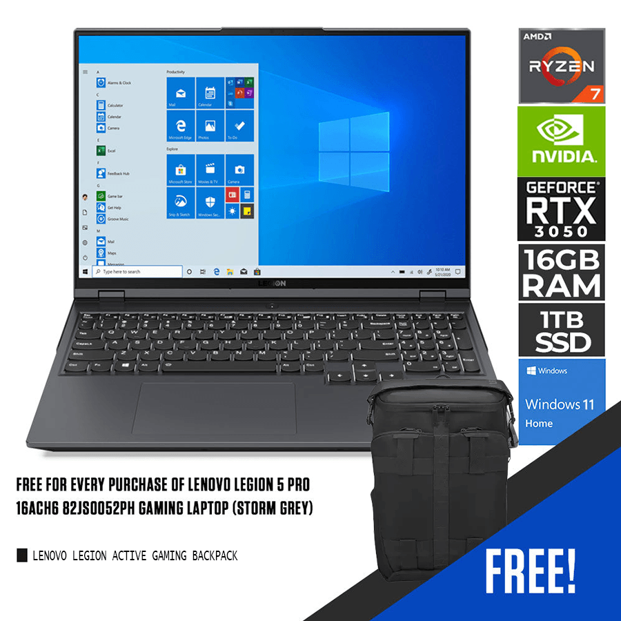 LENOVO Legion 5 Pro 16ACH6 82JS0052PH Gaming Laptop (Storm Grey) | 16” WQXGA | RYZEN 7 5800H | 16GB DDR4 | 1TB SSD | RTX 3050 | Win11 |LENOVO Legion Active Gaming Backpack - DataBlitz
