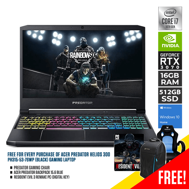ACER PREDATOR HELIOS 300 PH315-53-76WP GAMING LAPTOP  | 15.6" FHD | i7-10870H | 16GB DDR4 | 512GB SSD | RTX TM 3070 | WIN10 + RESIDENT EVIL 3 REMAKE PC (DIGITAL KEY) + ACER PREDATOR BACKPACK (BLUE) & GAMING CHAIR - DataBlitz