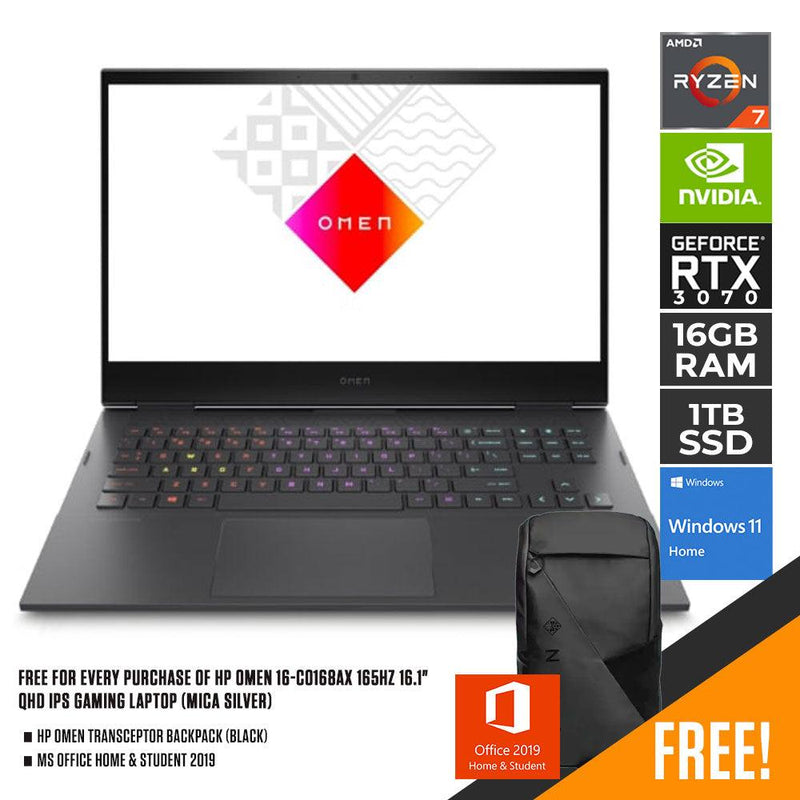 HP OMEN 16-C0168AX GAMING LAPTOP (MICA SILVER) | 16.1" QHD | Ryzen™ 7 5800H | 16GB DDR4 | 1TB SSD | RTX 3070 | WIN11 + MS OFFICE HOME & STUDENT 2019 W/ FREE HP OMEN TRANSCEPTOR BACKPACK (BLACK) - DataBlitz