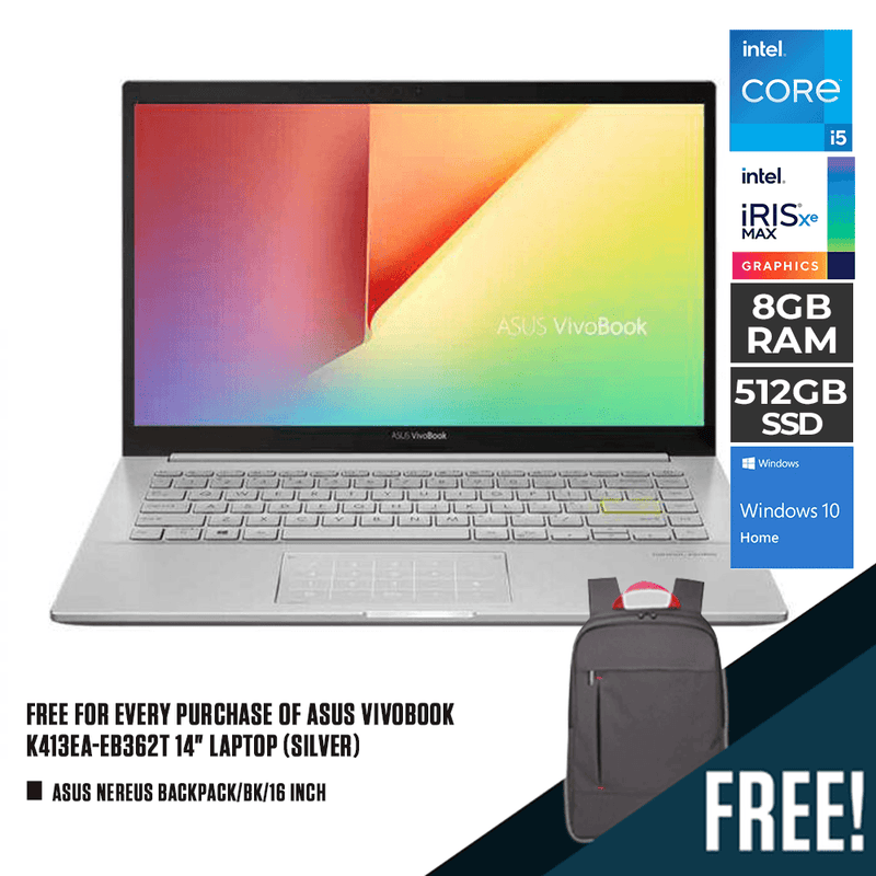 ASUS VIVOBOOK K413EA-EB362T LAPTOP (SILVER) | 14" FHD | i5-1135G7 | 8GB DDR4 | 512GB SSD | IRIS XE | WIN10 + ASUS NEREUS BACKPACK (BLACK) - DataBlitz