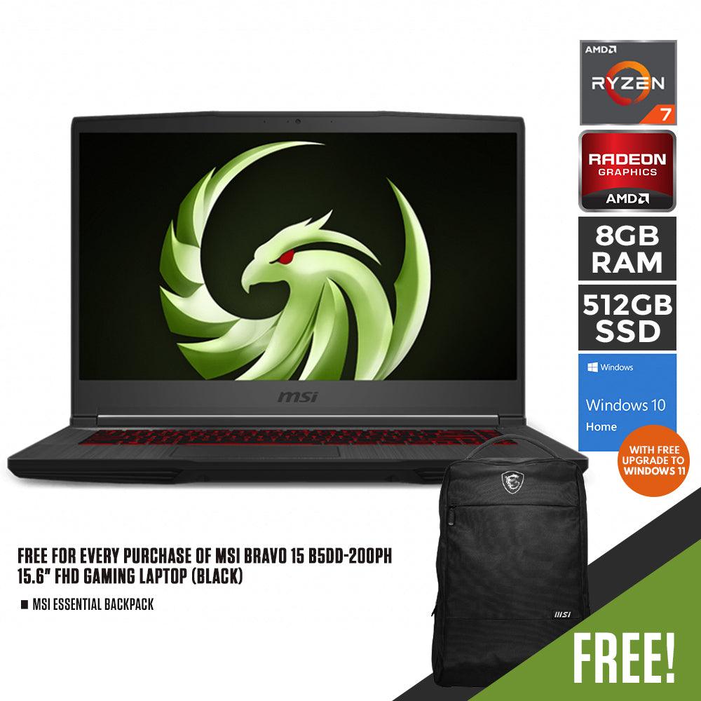 MSI BRAVO 15 B5DD-200PH GAMING LAPTOP (BLACK) | 15.6" FHD | Ryzen™ 7 5000  | 8GB DDR4 | 512GB SSD | AMD RADEON | WIN10 + MSI ESSENTIAL BACKPACK (BLACK) - DataBlitz
