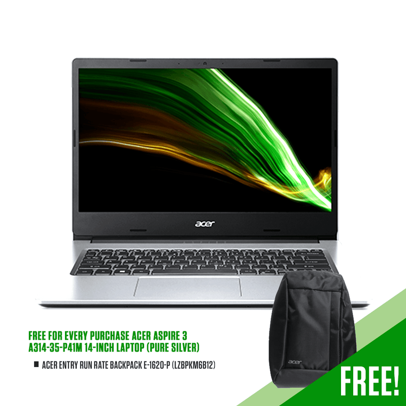 ACER ASPIRE 3 A314-35-P41M LAPTOP (PURE SILVER) | 14" HD | 8GB DDR4 |128GB SSD | 1TB HDD | INTEL UHD | WIN10 + ACER ENTRY RUN RATE BACKPACK E-1620-P (LZBPKM6B12) - DataBlitz