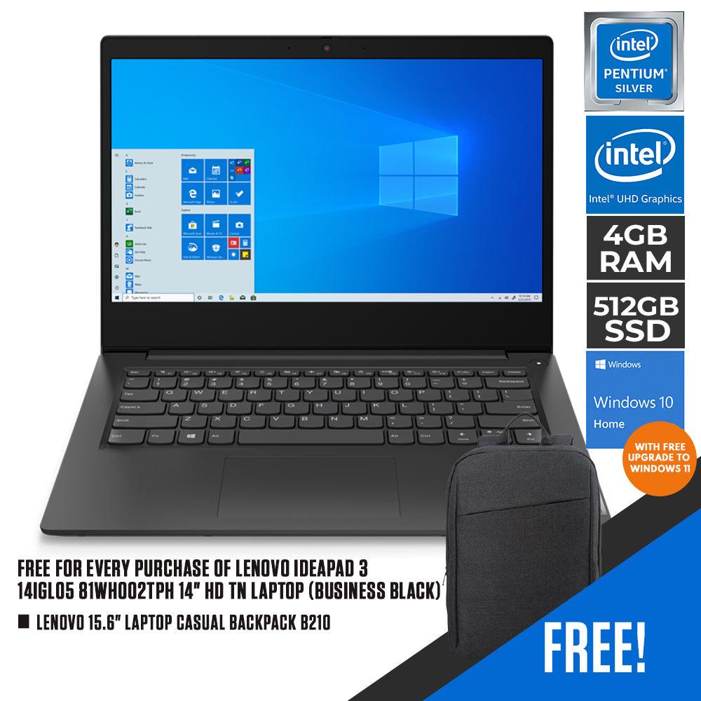 LENOVO IDEAPAD 3 14IGL05 81WH002TPH TN LAPTOP (BUSINESS BLACK)| 14" HD | INTEL PENTIUM SILVER N5030 | 4GB DDR4 | 512GB SSD | INTEL UHD | WIN10 + LENOVO  LAPTOP CASUAL BACKPACK B210 - DataBlitz
