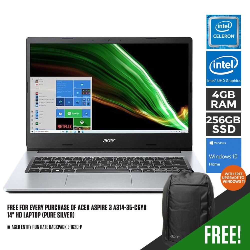 ACER ASPIRE 3 A314-35-C6Y8 LAPTOP (PURE SILVER) | 14" HD | INTEL CELERON N4500 | 4GB DDR4 | 256GB SSD | INTEL UHD | WIN10 + ACER ENTRY RUN RATE BACKPACK E-1620-P (LZBPKM6B12) - DataBlitz