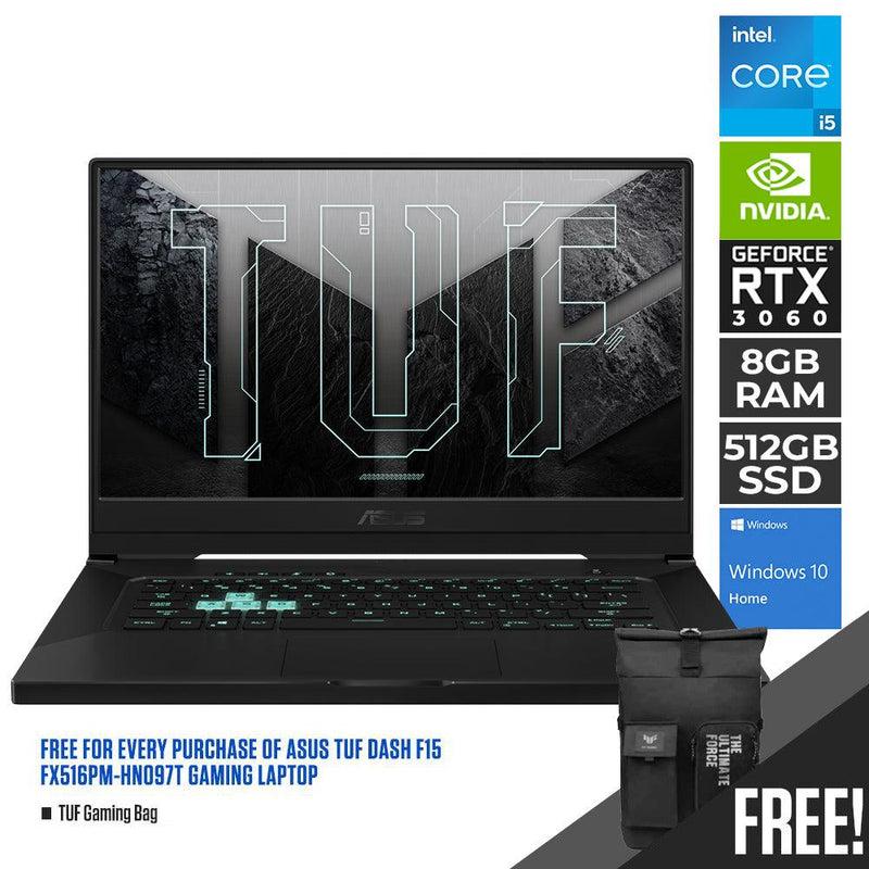 ASUS TUF DASH F15 FX516PM-HN097T GAMING LAPTOP | 15.6" FHD | i5-11300H | 8GB DDR4 | 512GB SSD | RTX 3060 | WIN10 + TUF GAMING BAG - DataBlitz