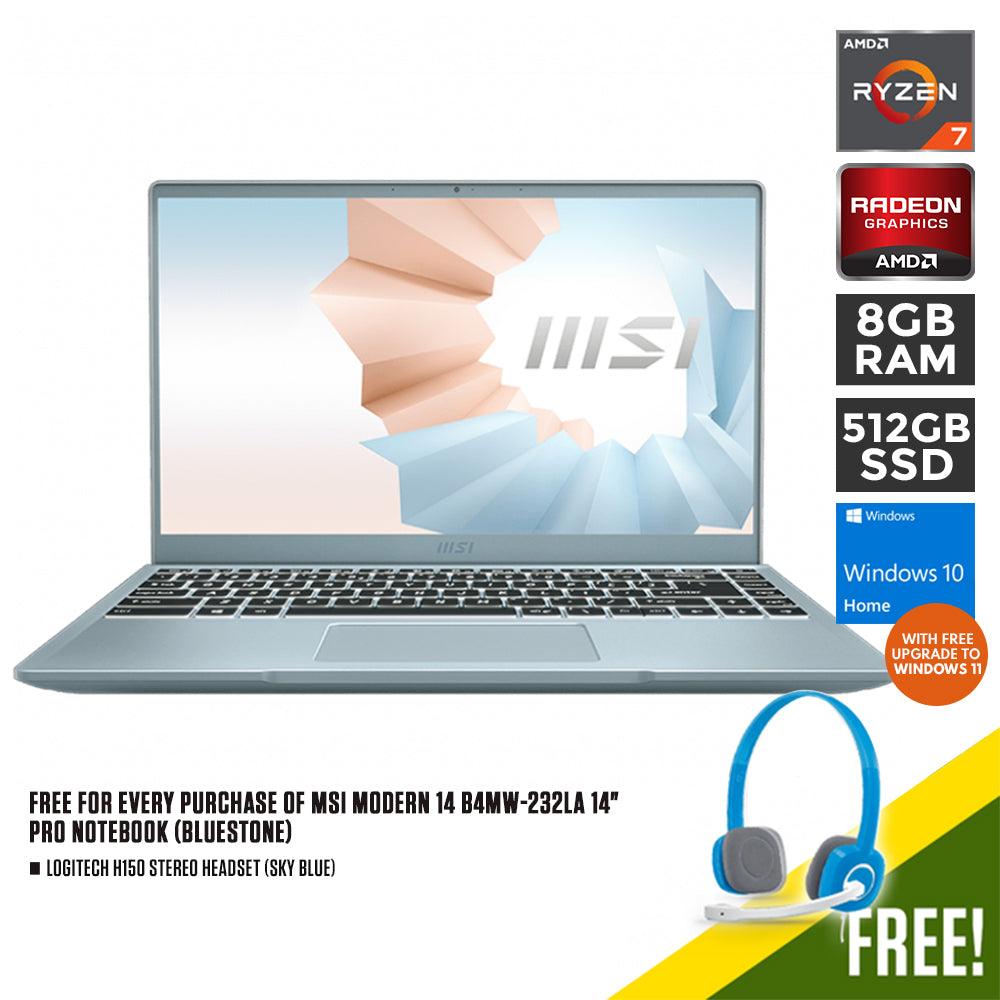 MSI MODERN 14 B4MW-232LA PRO NOTEBOOK (BLUESTONE) | 14" FHD | 8GB DDR4 | 512GB SSD | AMD RADEON | WIN10 + LOGITECH H150 STEREO HEADSET (SKY BLUE) - DataBlitz