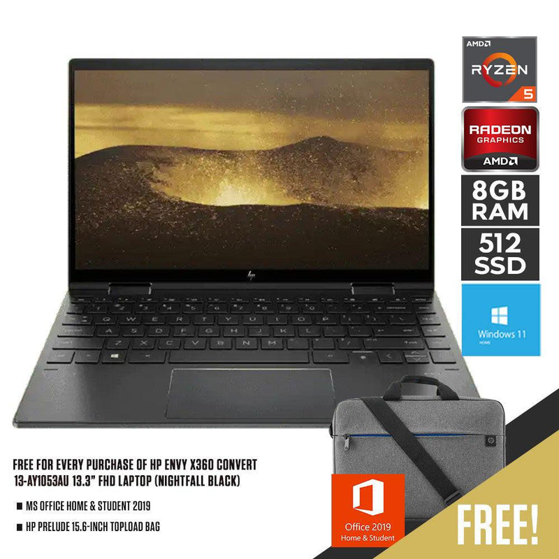 HP ENVY X360 CONVERT 13-AY1053AU LAPTOP (NIGHTFALL BLACK) | 13.3" FHD | RYZEN 5 5600U | 8GB DDR4 | 512GB SSD | AMD RADEON | WIN11 + MS OFFICE HOME & STUDENT 2019 + HP PRELUDE TOPLOAD BAG - DataBlitz