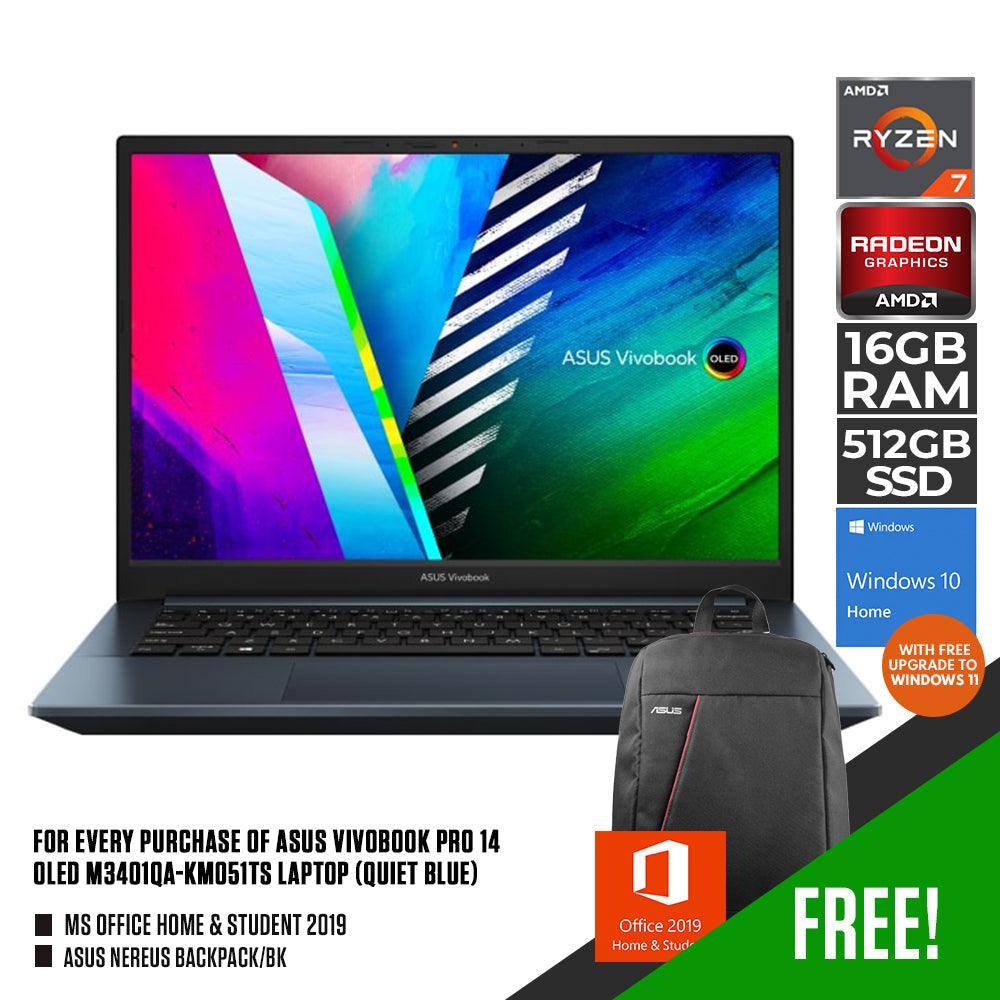 ASUS VIVOBOOK PRO 14 OLED M3401QA-KM051TS LAPTOP (QUIET BLUE) | 14.0” 2.8K OLED | RYZEN 7 5800H | 16GB DDR4 | 512GB SSD | AMD RADEON | WIN10   + MS OFFICE HOME & STUDENT 2019 + ASUS NEREUS BACKPACK/BK - DataBlitz