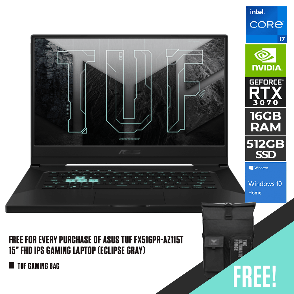 ASUS TUF FX516PR-AZ115T GAMING LAPTOP  (ECLIPSE GRAY)  | 15" FHD | i7-11370H | 8GB DDR4 | 512GB SSD | RTX 3070 | WIN10 + TUF GAMING BAG - DataBlitz