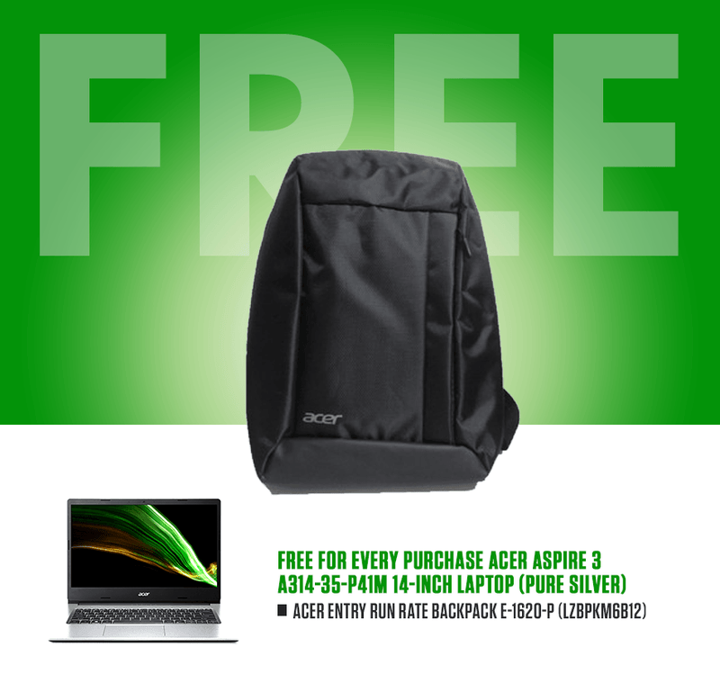 ACER ASPIRE 3 A314-35-P41M LAPTOP (PURE SILVER) | 14" HD | 8GB DDR4 |128GB SSD | 1TB HDD | INTEL UHD | WIN10 + ACER ENTRY RUN RATE BACKPACK E-1620-P (LZBPKM6B12) - DataBlitz