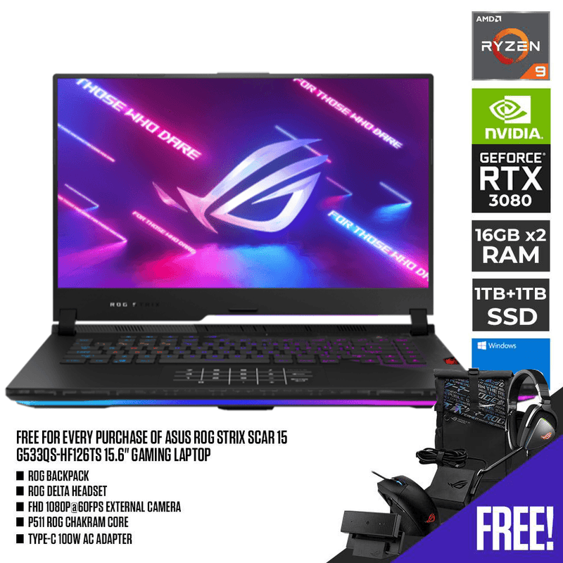 ASUS ROG STRIX SCAR 15 G533QS-HF126TS GAMING LAPTOP| 15.6" FHD | RYZEN 9 5900HX | 32GB DDR4 | 1TB + 1TB SSD | RTX 3080 | WIN10 + ROG BACKPACK + ROG GAMING MOUSE + TYPE-C100W AC ADAPTER + EXTERNAL CAMERA + DELTA HEADSET - DataBlitz