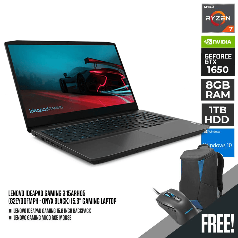 LENOVO IDEAPAD GAMING 3 15ARH05 (82EY00FMPH - ONYX BLACK) GAMING LAPTOP | 15.6" FHD | RYZEN 7 | 8GB DDR4 | 1TB HDD | GTX 1650 | WIN10 +  LENOVO IDEAPAD GAMING BACKPACK - DataBlitz