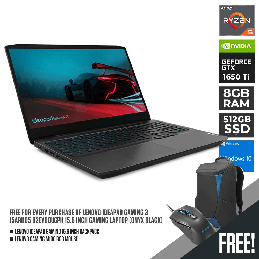 LENOVO IDEAPAD GAMING 3 15ARH05 82EY00UGPH GAMING LAPTOP (ONYX BLACK) | 15.6" FHD | RYZEN 5 4600H | 8GB DDR4 | 512GB SSD | GTX 1650TI | WIN10 + LENOVO IDEAPAD GAMING BACKPACK - DataBlitz