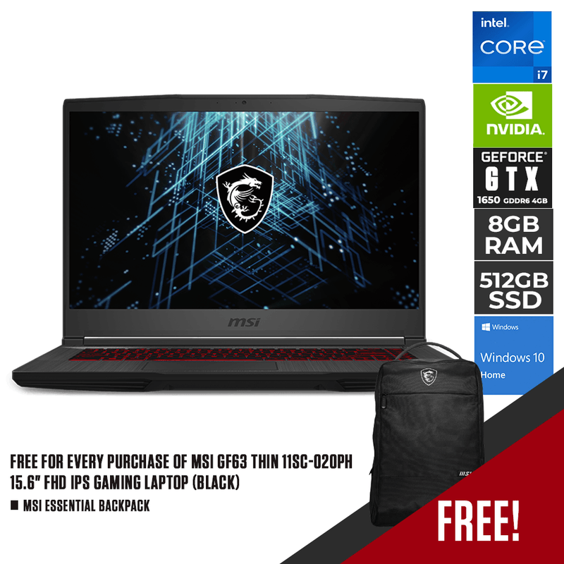 MSI GF63 THIN 11SC-020PH GAMING LAPTOP (BLACK) | 15.6" FHD | i7-11800H | 8GB DDR4 | 512GB SSD | GTX 1650 | WIN10 + MSI ESSENTIAL BACKPACK (BLACK) - DataBlitz