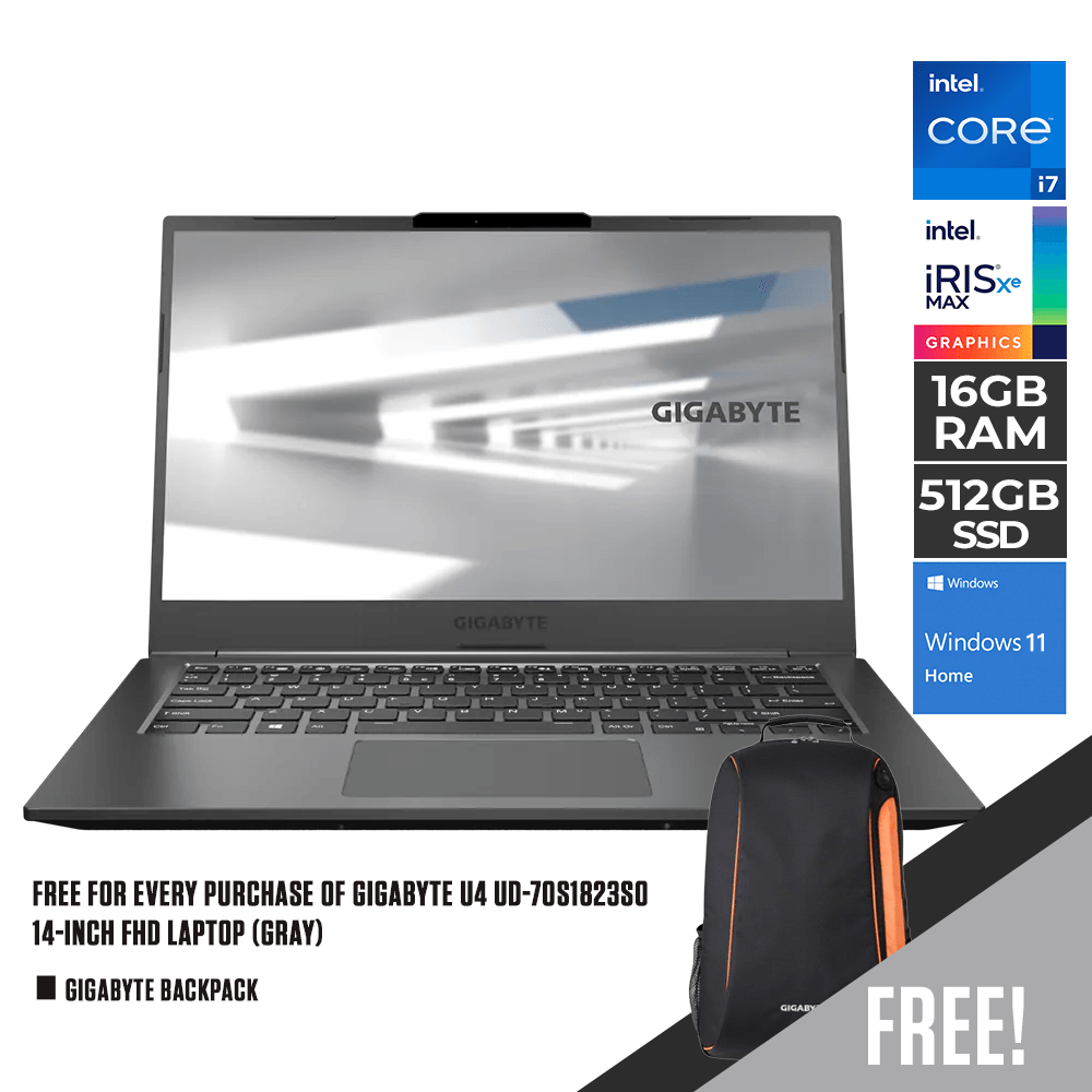 GIGABYTE U4 UD-70S1823SO LAPTOP (GRAY) | 14" FHD | i7-1195G7 | 16GB DDR4 | 512GB SSD | IRIS XE | WIN11 GIGABYTE BACKPACK - DataBlitz