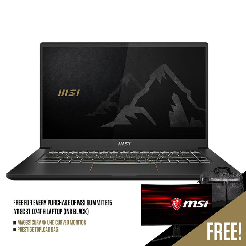 MSI SUMMIT E15 A11SCST-074PH LAPTOP | 15.6" FHD | i7-1185G7 | 16GB DDR4 | 1TB SSD | GTX 1650 TI | WIN10 + PRESTIGE TOPLOAD BAG + MAG321CURV 4K UHD CURVED MONITOR - DataBlitz