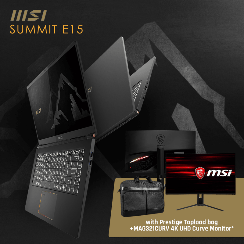 MSI SUMMIT E15 A11SCST-074PH LAPTOP | 15.6" FHD | i7-1185G7 | 16GB DDR4 | 1TB SSD | GTX 1650 TI | WIN10 + PRESTIGE TOPLOAD BAG + MAG321CURV 4K UHD CURVED MONITOR - DataBlitz
