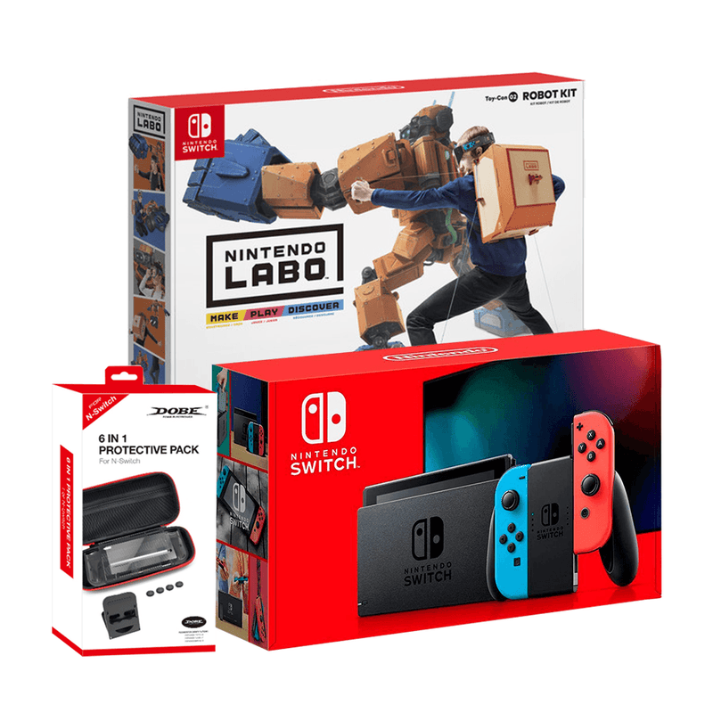 NSW Console Neon Red/Blue + Dobe 6 In 1 Protective Pack (TNS-19286) + Labo Kit Toy-Con 02 Robot Kit Bundle - DataBlitz