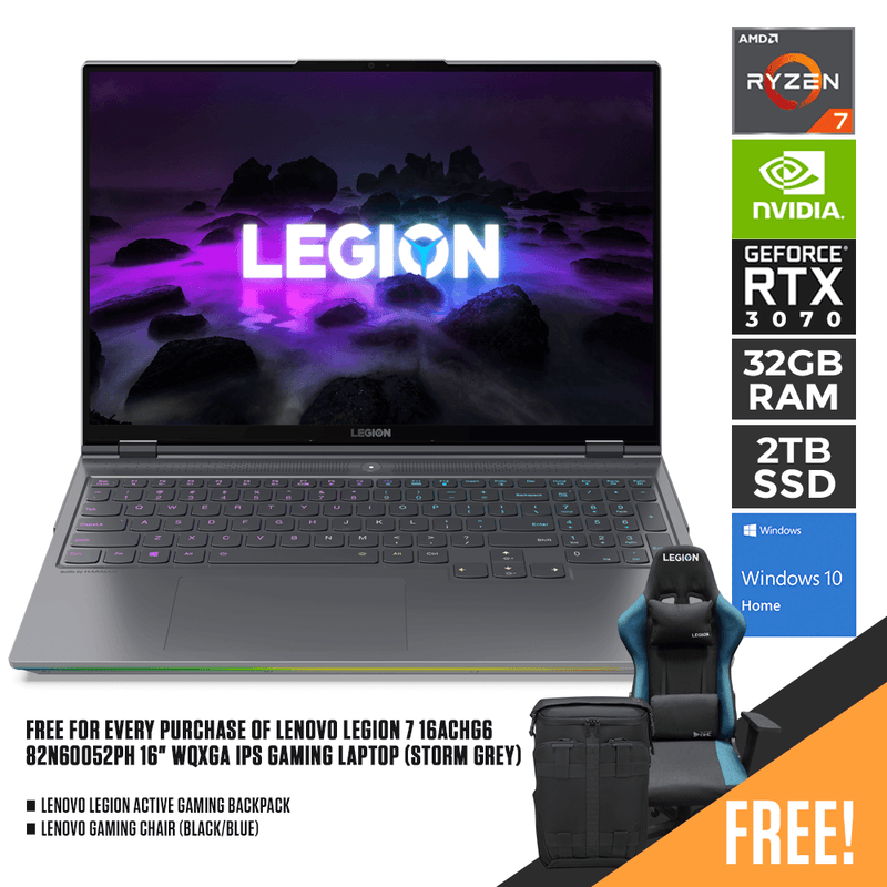 LENOVO LEGION 7 16ACHG6 82N60052PH GAMING LAPTOP (STORM GREY) | 16" WQXGA | RYZEN 7 5800H | 32GB DDR4 | 2TB SSD | RTX 3070 | WIN10 + LENOVO LEGION ACTIVE GAMING BACKPACK + LENOVO GAMING CHAIR - DataBlitz