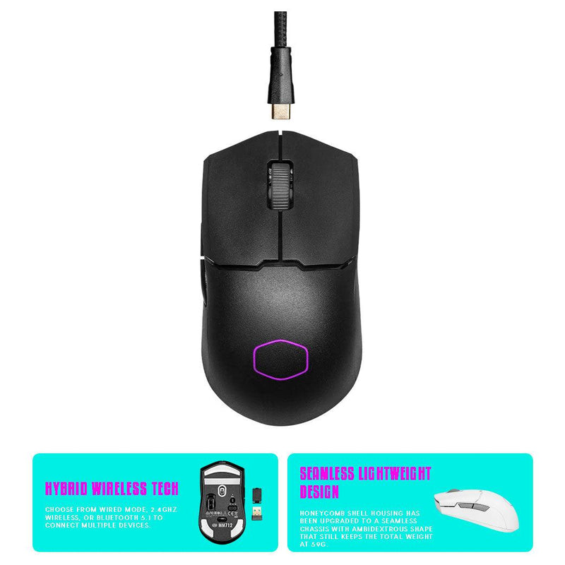 Cooler Master MM712 Wireless Lightweight Gaming Mouse With Ultraweave Cable PTFE Feet & RGB Accents (Matte Black) - DataBlitz