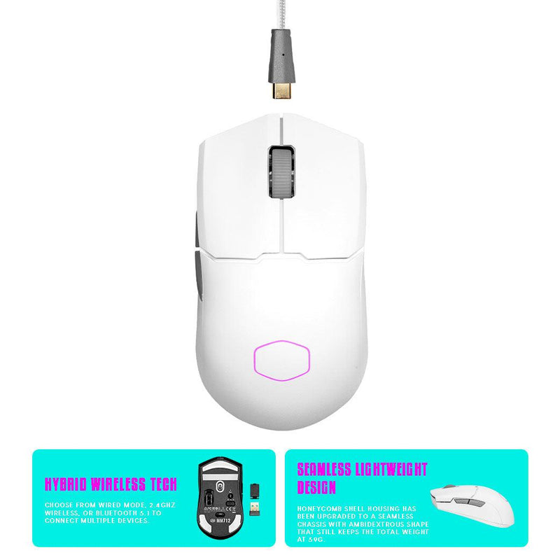 Cooler Master MM712 Wireless Lightweight Gaming Mouse With Ultraweave Cable PTFE Feet & RGB Accents (Matte White) - DataBlitz
