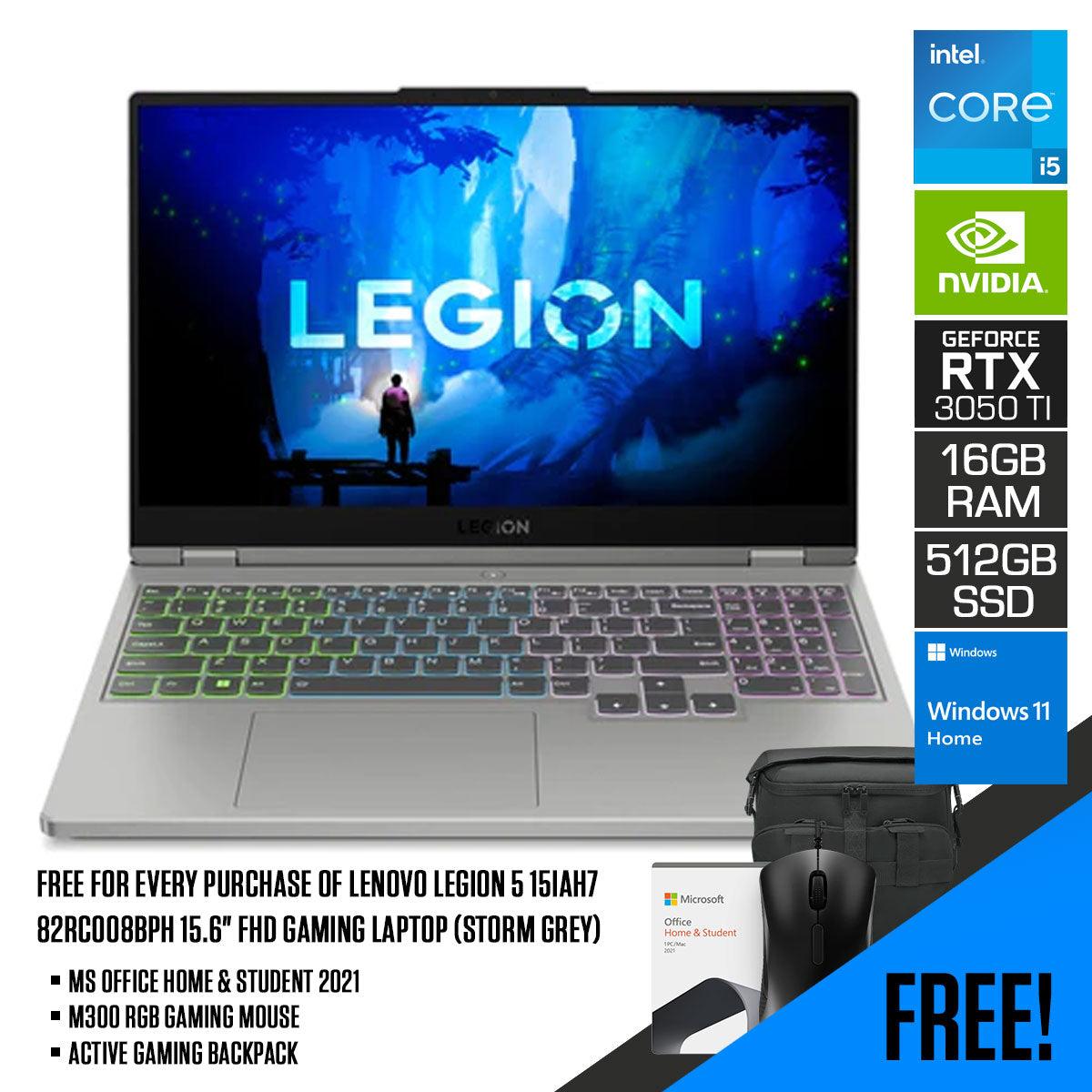 Lenovo Legion 5 15IAH7 82RC008BPH Gaming Laptop (Storm Grey) | 15.6" FHD | i5-12500H | 16GB RAM | 512GB SSD | RTX 3050 Ti | MS Office Home & Student 2021 | M300 RGB Gaming Mouse  | Active Gaming Backpack - DataBlitz