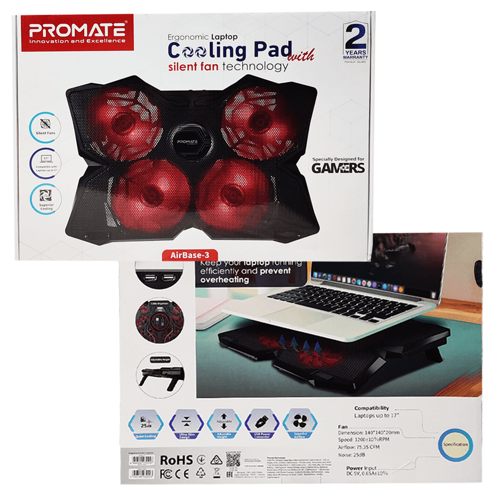 PROMATE AIRBASE-3 ERGONOMIC LAPTOP COOLING PAD WITH SILENT FAN TECHNOLOGY (BLACK) - DataBlitz